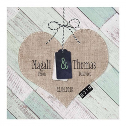 Faire-part de mariage nature avec fond en bois peint blanc et vert