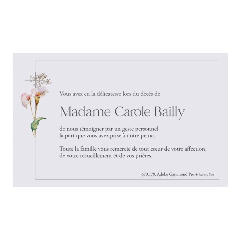 Carte de remerciement après décès, illustrée de fleurs blanches et rosées, avec une croix catholique. Carte de remerciement après décès, illustrée de fleurs blanches et rosées, avec une croix catholique.
