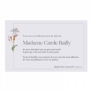 Carte de remerciement après décès, illustrée de fleurs blanches et rosées, avec une croix catholique.