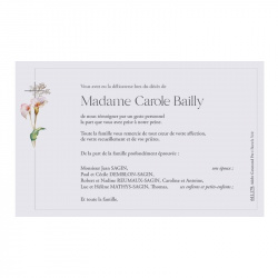Carte remerciement suite à des condoléances illustrée de fleurs rose pâle et d'une croix