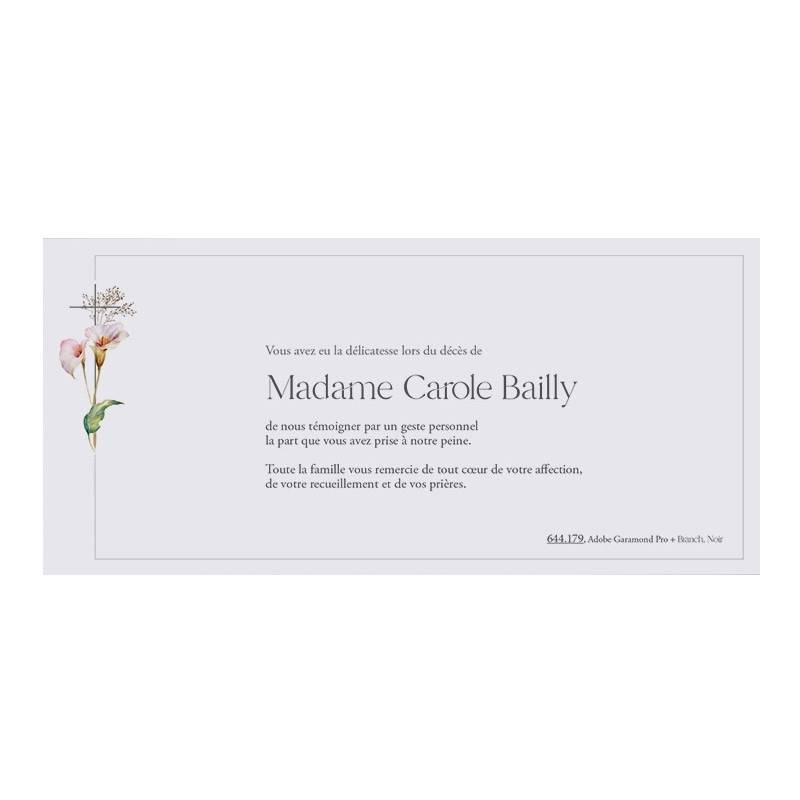Grande carte format 21 cm par 10 cm, illustrée de fleurs rosées et d'une croix