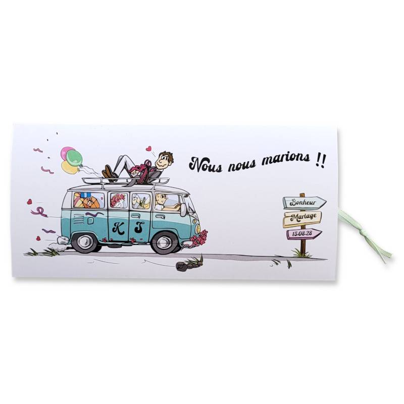 Faire-part de mariage drôle avec la mariée au volant d'un Combi vert et le marié prisonnier sur le toit Faire-part de mariage drôle avec la mariée au volant d'un Combi vert et le marié prisonnier sur le toit