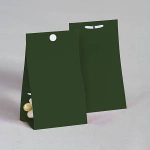 Étui pour sachet de dragées pour baptême. Étui vert foncé avec attache parisienne blanche