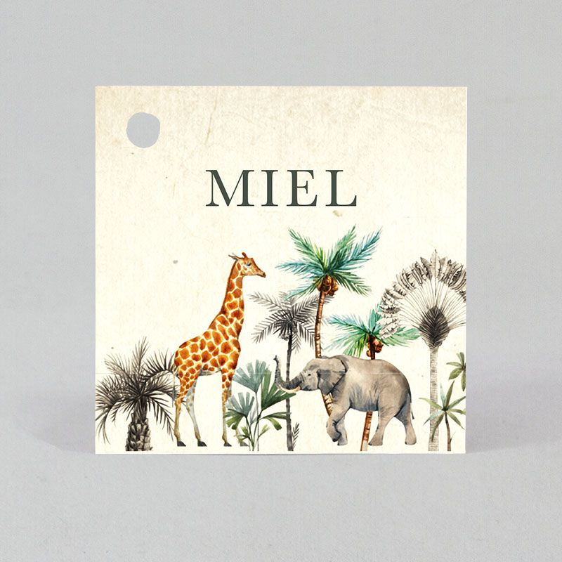 Étiquette baptême perforée, avec illustration d'animaux de la savane. Étiquette baptême perforée, avec illustration d'animaux de la savane.