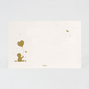 Verso de la carte vierge, fond crème avec illustration de bébé tenant un ballon