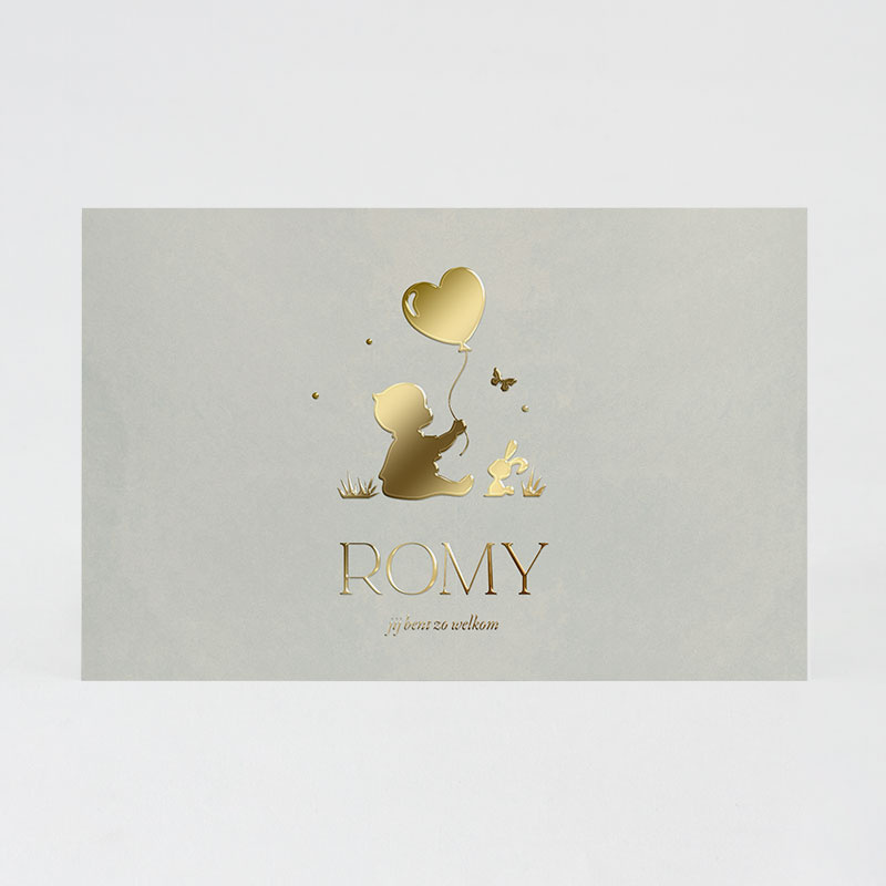 Faire-part rectangulaire avec illustration en dorure de la silhouette de bébé tenant un ballon Faire-part rectangulaire avec illustration en dorure de la silhouette de bébé tenant un ballon