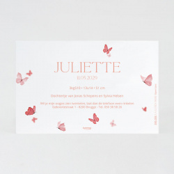 Dos de la carte avec papillons roses et texte d'annonce naissance