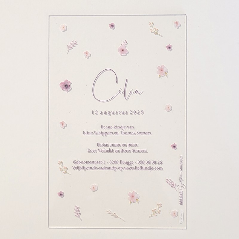 Faire-part plexiglas 2mm avec jolie décoration florale rose