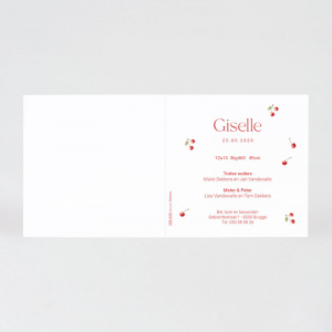 Intérieur du faire-part avec décoration de petites cerises rouges et texte d'exemple annonce naissance