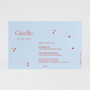 Dos de la carte avec fond bleu et illustrations de cerises entourant votre texte