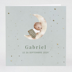Faire-part naissance ou baptême classique petit ourson et croissant de lune