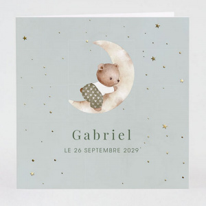Faire-part naissance ou baptême classique petit ourson et croissant de lune