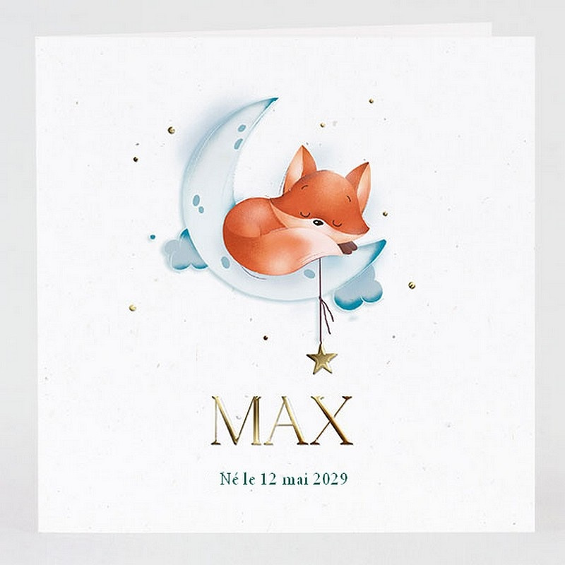 Faire-part naissance ou baptême avec illustration renard roux endormi sur une lune bleue Faire-part naissance ou baptême avec illustration renard roux endormi sur une lune bleue