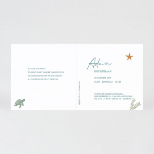 Intérieur du faire-part avec texte d'annonce naissance et illustration tortue de mer