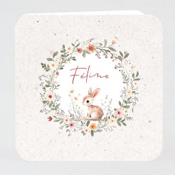 Faire-part naissance et baptême style vintage avec couronne de fleurs et petit lapin