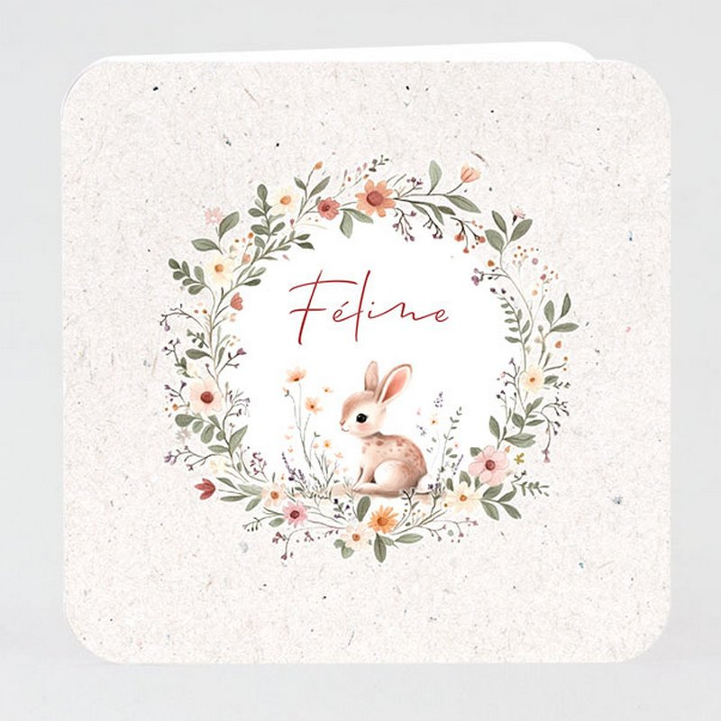 Faire-part naissance et baptême style vintage avec couronne de fleurs et petit lapin Faire-part naissance et baptême style vintage avec couronne de fleurs et petit lapin
