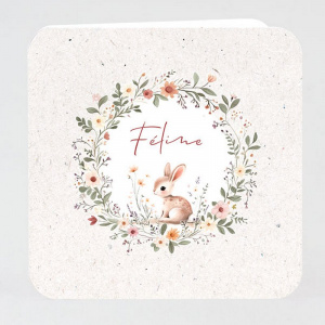Faire-part naissance et baptême style vintage avec couronne de fleurs et petit lapin