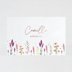 Faire-part simple avec illustration fleurs des champs et petits cœurs en dorure