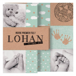 Faire-part naissance vert pastel marron peluche pieds mains