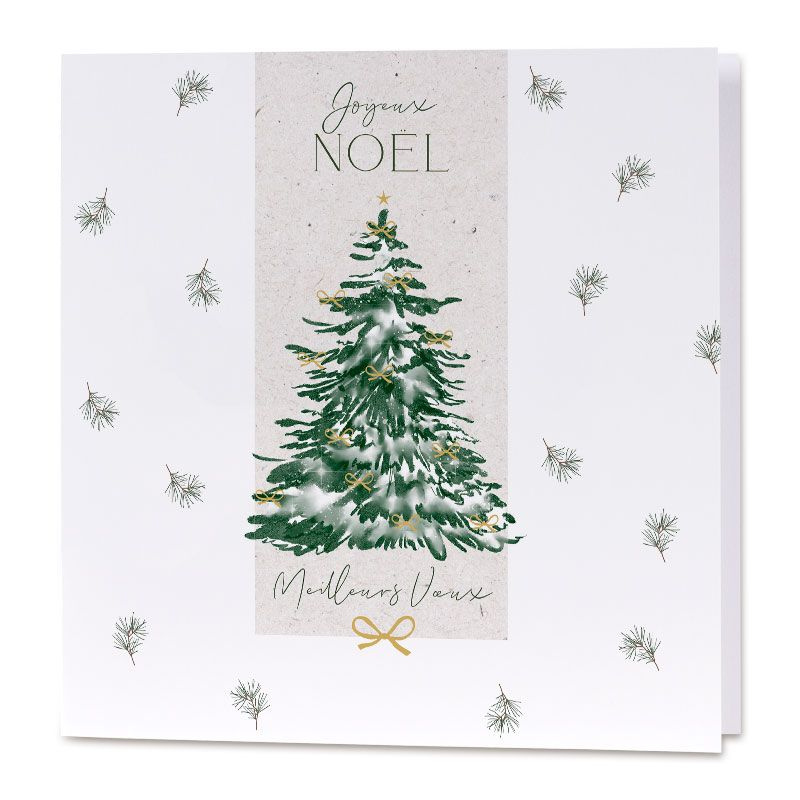 Carte de vœux classique, esprit rétro, illustration sapin vert sur fond blanc