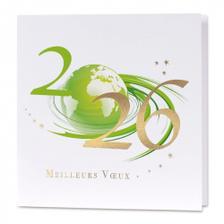 Carte de vœux moderne avec l'année 2026 inscrite en vert et doré