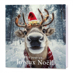 Carte de vœux pleine d'humour avec un renne du Père Noël en pleine course