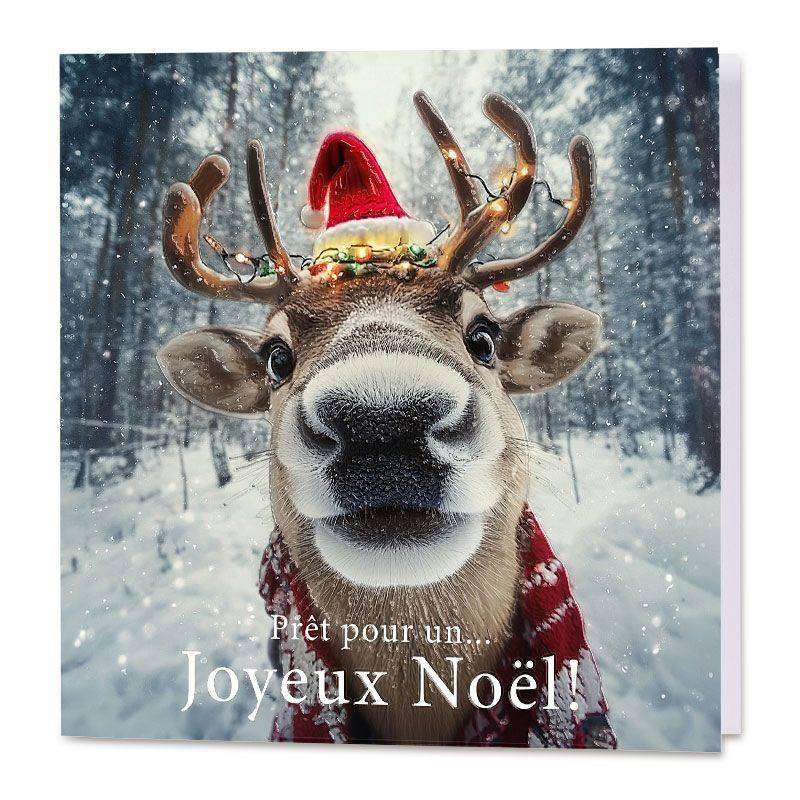 Carte de vœux pleine d'humour avec un renne du Père Noël en pleine course Carte de vœux pleine d'humour avec un renne du Père Noël en pleine course