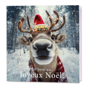 Carte de vœux pleine d'humour avec un renne du Père Noël en pleine course