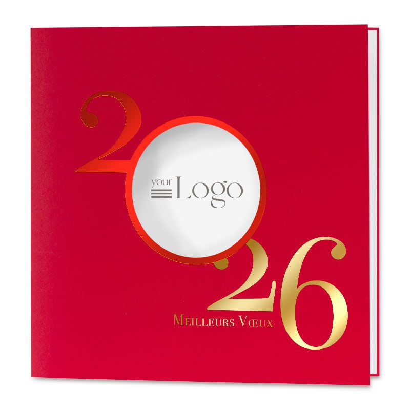Carte de vœux 2026 élégante rouge avec dorure et impression de votre logo Carte de vœux 2026 élégante rouge avec dorure et impression de votre logo