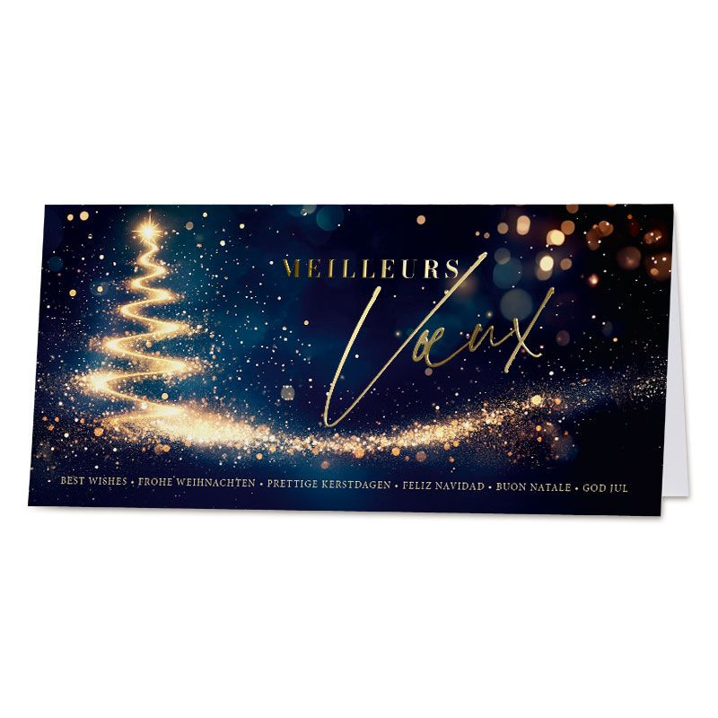 Carte de vœux festive magie de Noël, fond bleu marie et sapin de lumière Carte de vœux festive magie de Noël, fond bleu marie et sapin de lumière