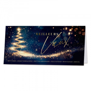 Carte de vœux festive magie de Noël, fond bleu marie et sapin de lumière