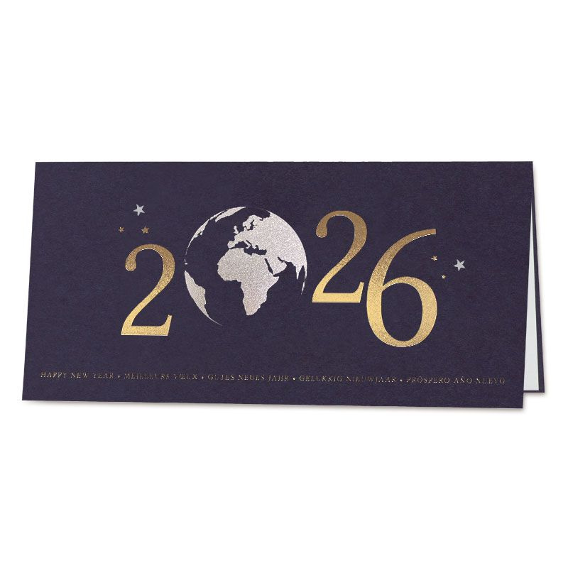 Carte de vœux 2026 internationale bleu marine, finitions dorées et argentées