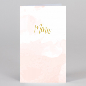Menu de mariage blanc et rose saumon, s'ouvrant en deux pour personnaliser vos plats