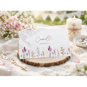 Jolie présentation pour un baptême au printemps avec ce faire-part illustré de fleurs des champs
