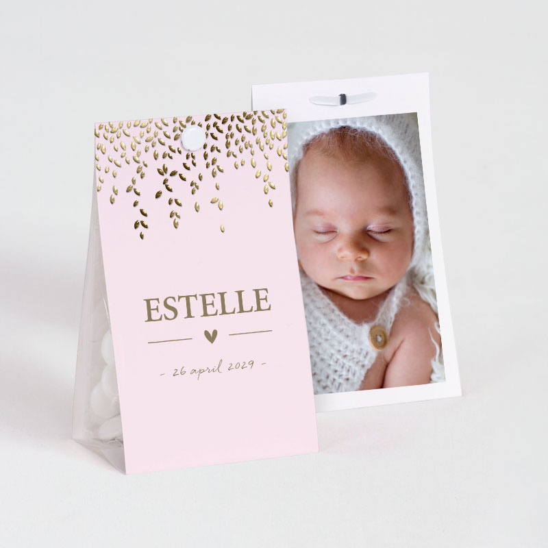 Etui à dragées rose clair avec feuillages dorés, à personnaliser