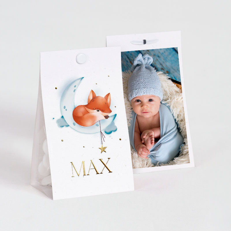 Etui à dragées pour baptême, illustration renard endormi