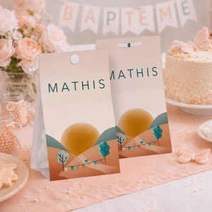 Etui à dragées illustré d'un coucher de soleil, avec le prénom de votre enfant