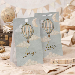 Etui à dragées pour baptême style rétro chic, illustration montgolfière