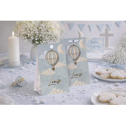 Etui pour dragées avec illustration d'une montgolfière, et prénom à personnaliser