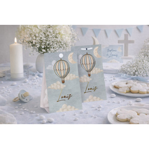 Etui pour dragées avec illustration d'une montgolfière, et prénom à personnaliser