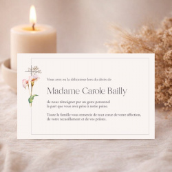 Carte de remerciement deuil avec motif élégant de fleur en aquarelle