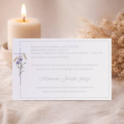 Carte remerciement décès fleurs bleues et croix
