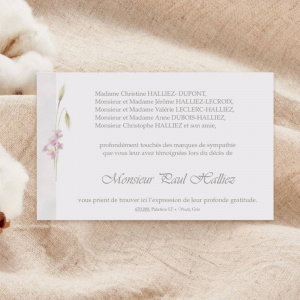 Carte remerciement décès petites fleurs roses et épis de blé
