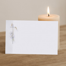 Carte remerciement deuil petites fleurs blanches et croix catholique
