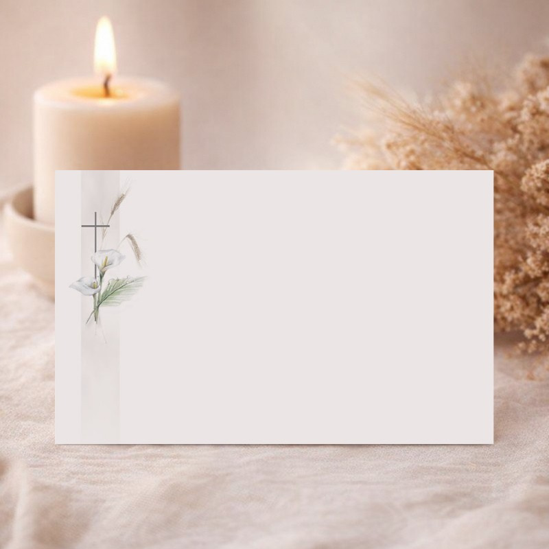 Carte remerciement deuil arum blanc et croix catholique