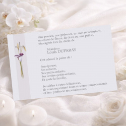 Carte remerciement décès arum blanc cœur pourpre et croix