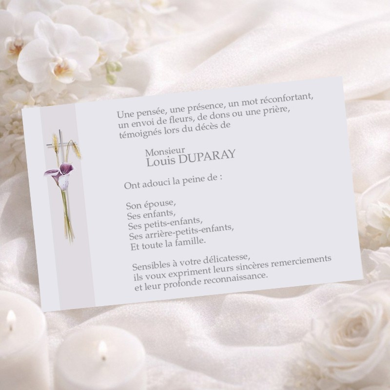Carte remerciement décès arum blanc cœur pourpre et croix