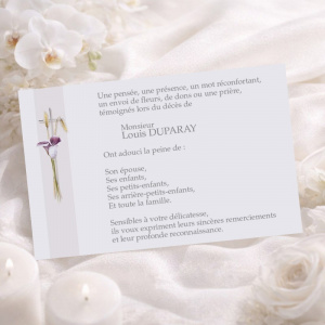 Carte remerciement décès arum blanc cœur pourpre et croix