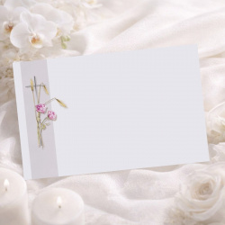 Carte remerciement décès fleurs roses, épis de blé et croix argentée