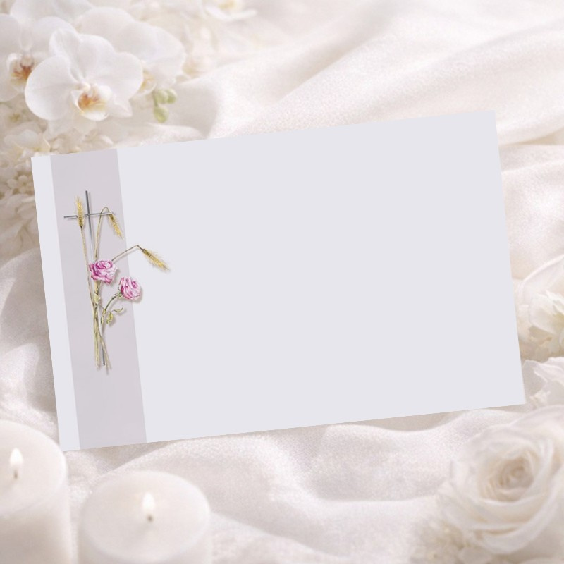 Carte remerciement décès fleurs roses, épis de blé et croix argentée